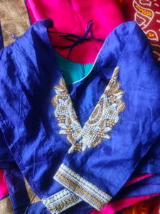Vibrant Pink Saree with Blue &amp; Gold Border