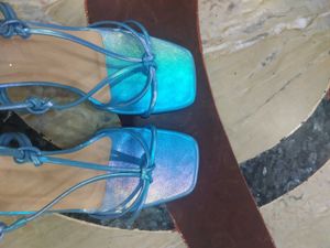 Blue Strappy Square Toe Heels