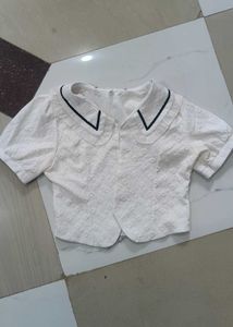 Chic White Puff Sleeve korean Collared Top