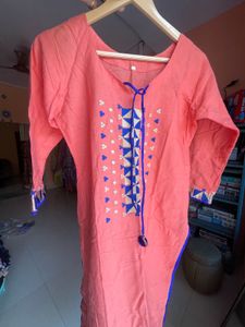Pretty Peach Kurta with Blue Detail