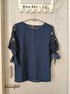 Navy Blue Embellished Sleeve Top