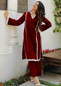 Maroon Kurta Set with White Lace Detail