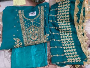 Teal Embroidered unstitched Kurta with Dupatta
