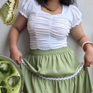 White Ruched Crop Top and olive green skirt