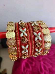 Red Embellished Bangle Set with Coin Accents