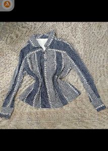 Vintage Blue & White Geometric Print Blouse
