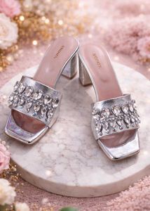 Shoux Embellished Silver Block Heels