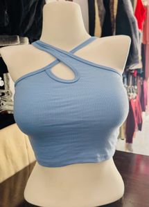Blue Ribbed Halter Crop Top