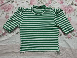 Green & White Striped Ribbed Top