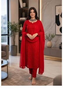 Stunning Red Sequined Kurta Set with Dupatta