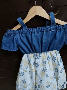 Chocolate Baby Denim Floral off Shoulder Dress