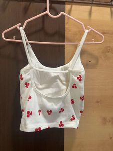 White Cherry Print padded crop Top