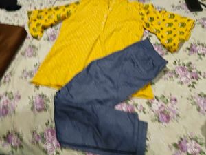 Yellow Printed Kurta with Blue Pants