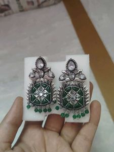 silver oxidised green earrings