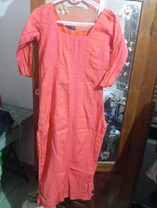 pinkish Orange Kurta with Blue Embroidery