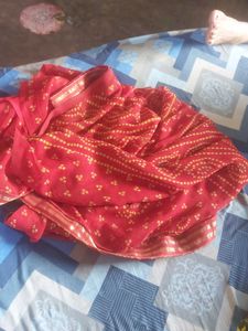Red Saree with Yellow Bandhani Print