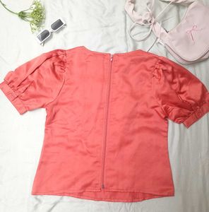 Coral Puff Sleeve Satin Top