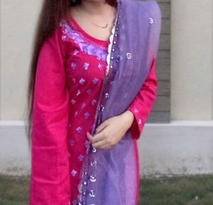Vibrant Pink Kurta Set with Purple Dupatta