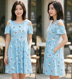 Cute Bird Print Cold Shoulder Dress