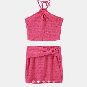 Hot Pink Textured Crop Top &amp; Skirt Set