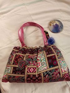 Cute Patchwork Handbag with Pom Po