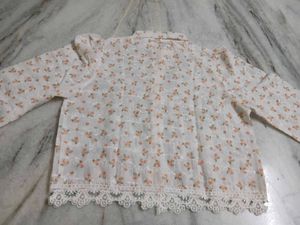 Floral Print Button-Up Blouse with Lace Trim
