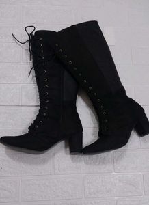 Black Suede Lace-Up Knee-High Boots