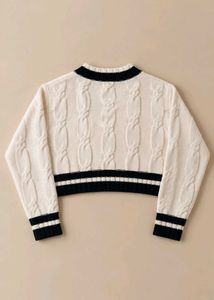 IVORY CABLE-KNIT BLACK-TRIM CROPPED V-NECK SWEATER