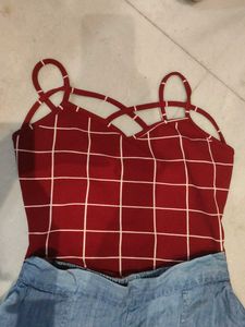 Red Plaid Crop Top with Denim Shorts Set