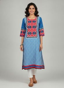 Vibrant Blue & Red Chevron Kurta