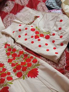 Cream Lehenga with Red Floral Embroidery