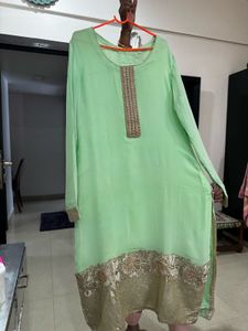 Elegant Mint Green Kurta with Embellished Neckline