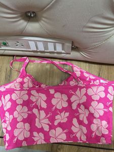 Pink Hibiscus Print Cropped Top