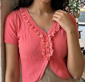 Ribbed Pink Cropped Cardigan