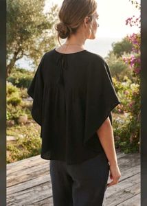 Boho Black Tunic Top with Embroidered Neckline