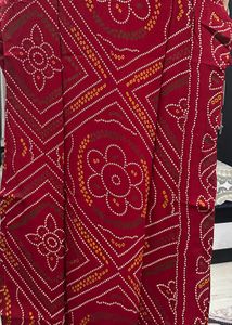 Red Bandhani Kurta with Embellished Neckline
