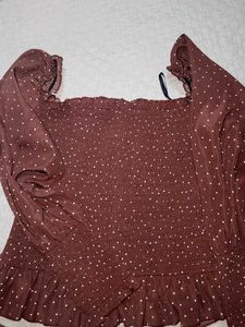 Brown Polka Dot Smocked Top