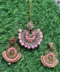 Elegant Pink & Gold Maang Tikka and Earrings Set