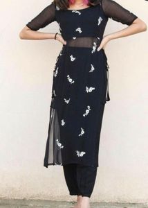 Stylish Black Kurta Set with White Embroidery