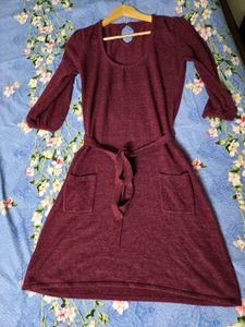 Burgundy woolen Belted Dress with Pockets
