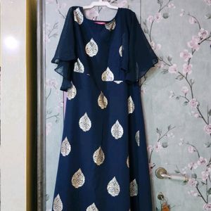 Elegant Navy Blue Maxi Dress with Gold Print