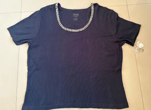 Navy Blue Beaded Neckline T-Shirt