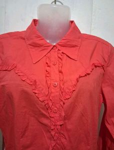 Coral Ruffled Button-Up Shirt