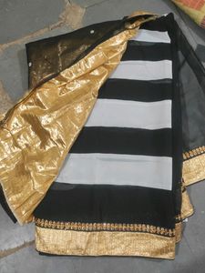 Designer Black And White Saree With Golden Border