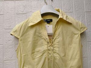 Korean Pintrest Yellow Lace-Up Embroidered Top