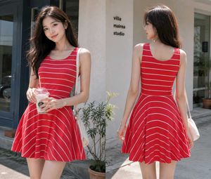 Red & White Striped Sleeveless Mini Dress