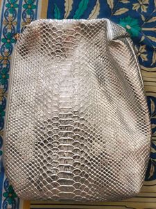 Silver Metallic Snake Print Clutch