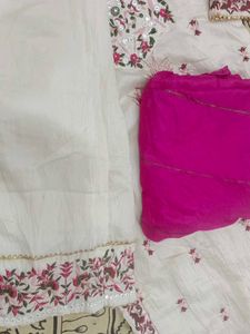 Cream Embroidered Kurta with Pink Dupatta