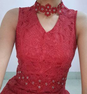 Red Lace V-Neck Dress with Choker