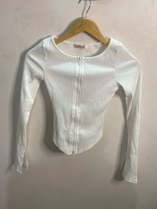 White Ribbed Zip-Up Long Sleeve Top